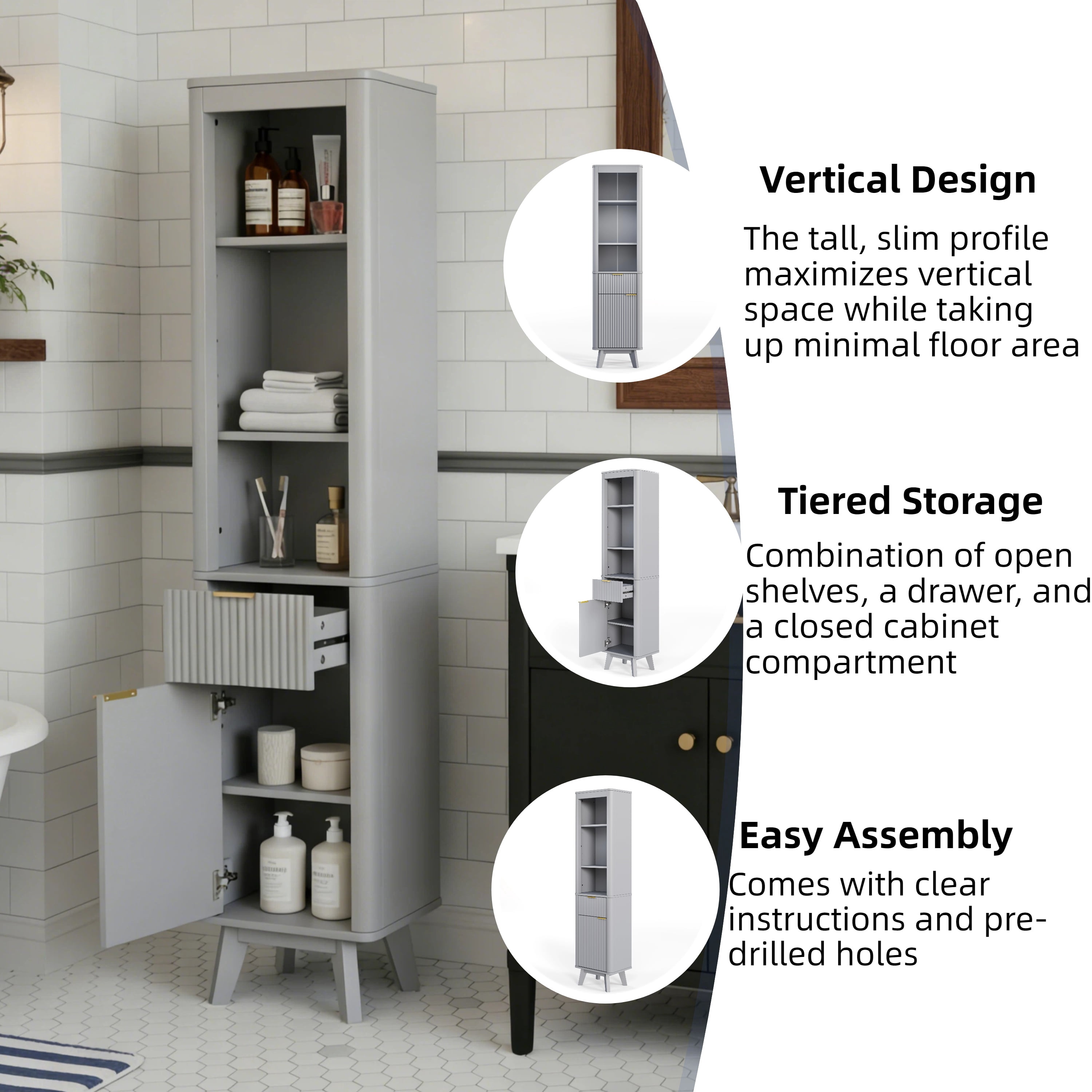 Leumius 68" H Tall Bathroom Storage Cabinet with Adjustable Shelves,One Drawer & Door, Storage Cabinet for Bathroom, Living Room, Entryway,Gray