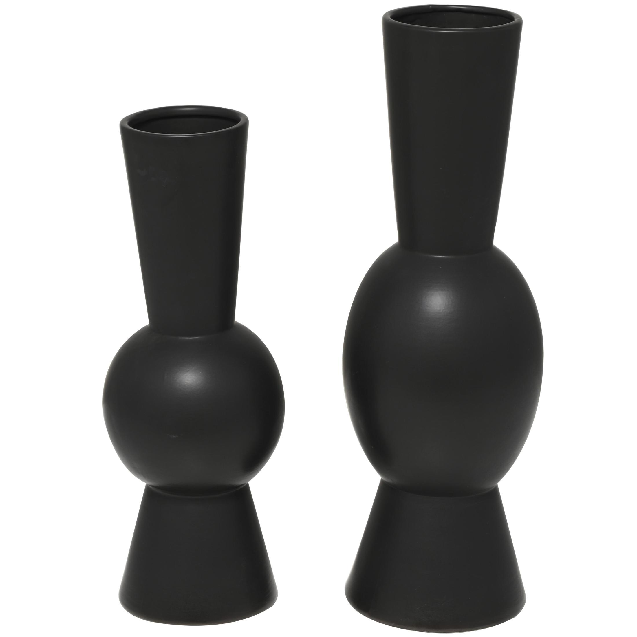 DecMode 24", 20"H Abstract Fluted Round Black Ceramic Vase, Set of 2