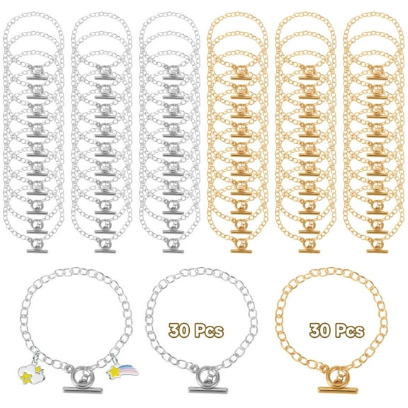 60 Pcs Gold & Silver Chain Bracelet Links,Bulk Metal Jewelry Making Supplies with OT Clasps,for DIY Bracelets,Necklaces,Anklets,Craft Projects