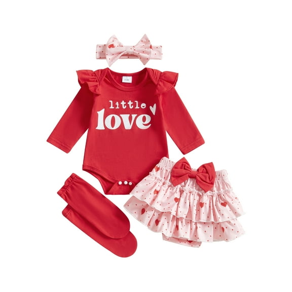 Newborn Baby Girl Valentines Day Outfit Long Sleeve Ruffle Romper Heart Layered Shorts Bow Headband Socks 4Pcs Spring Clothes