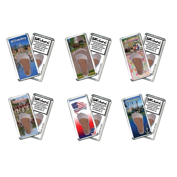 Williamsburg FootWhere Souvenir Fridge Magnets. 6 Piece Set. (WB200 - Assorted)