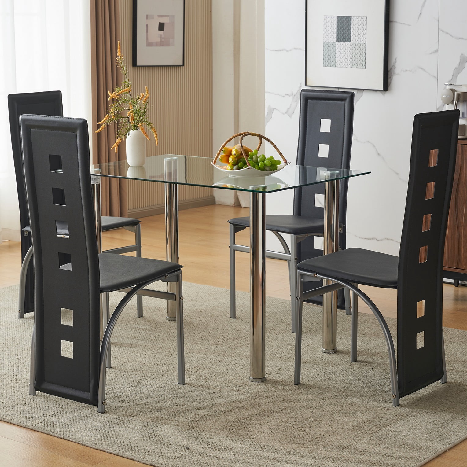 Ktaxon Modern 5 Piece Dining Table Set for 4, Glass Kitchen Table with 4 PU Padded Upholstered Chairs for Family Dinners, Breakfast, Black