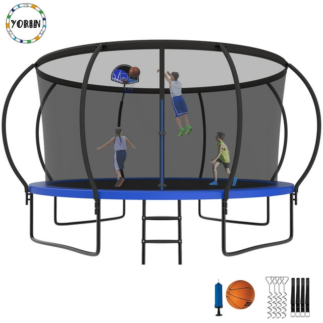 YORIN Trampoline pour Enfants de 5 à 6 Ans, Trampoline de 12 Pi pour Adultes avec Filet de Protection, Panier de Basketball, Échelle, Capacité de Poids de 1200 Lb, Trampoline Récréatif Extérieur, Trampoline Robuste