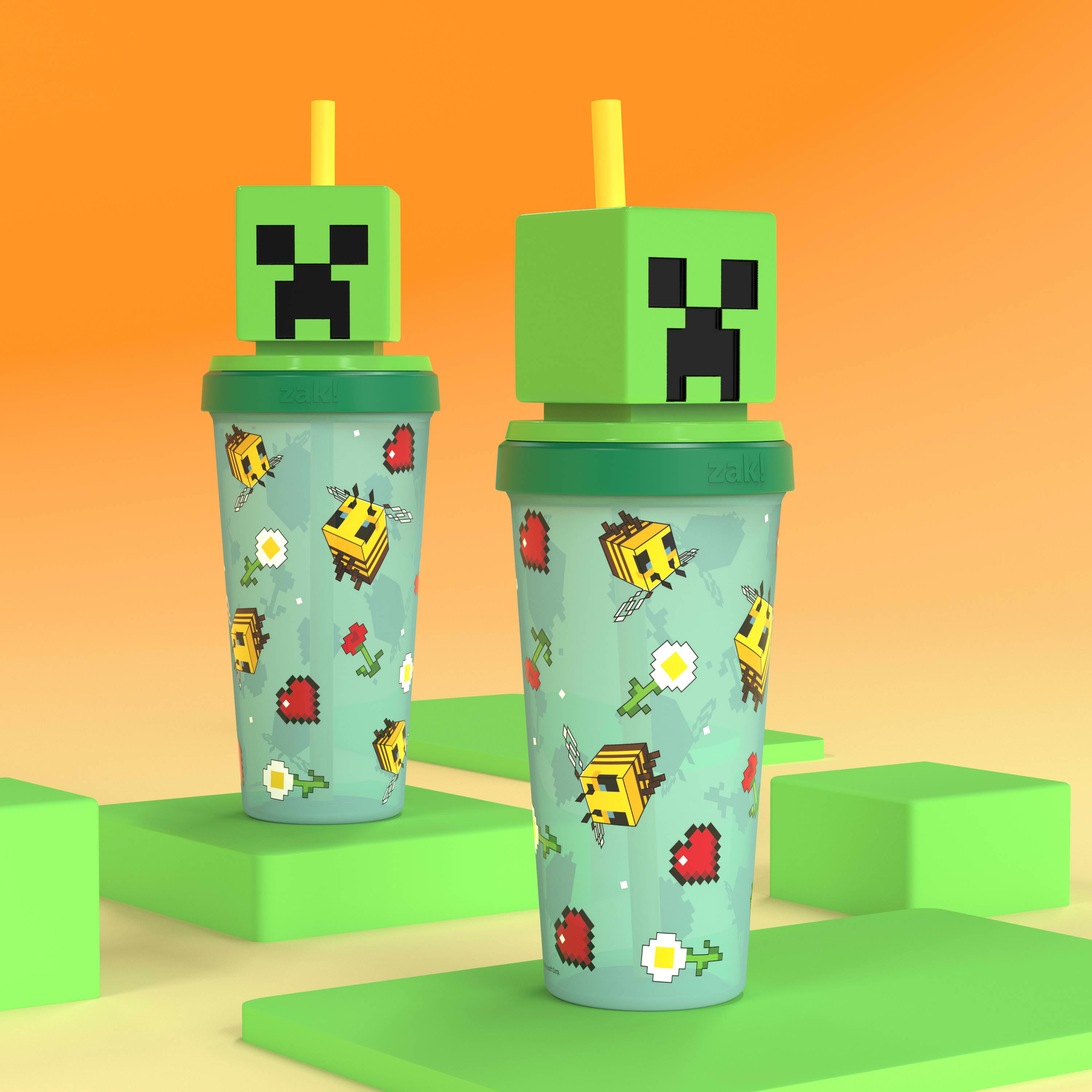 Zak Designs Minecraft Tumbler Kids Drinking Cup with Straw 15 Oz Green Blue