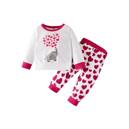 

Baby Girl Valentine Day Outfits Elephant Sweatshirt Pullover Top Heart Print Pants Clothes Set 2Pcs