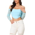 thumbnail image 4 of INSPIRAR CHIC Top Corto de Corsé de Manga Larga Transparente para Mujeres Blusa Off Shoulder Arrugada Push Up Fiesta Bustier con Varillas M Azul Claro, 4 of 6