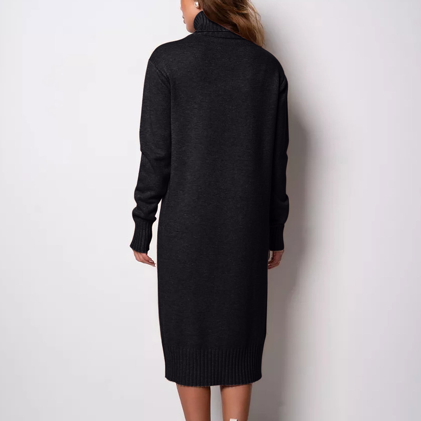 Arnsht Womens Fall and Winter Elegant Fleece Sweater Dresses Solid Color Loose Turtleneck Dress Long Sleeve Knitted Skirt Black S