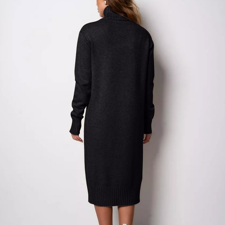 Elvqul Dresses for Women Khaki Long Sleeve Long Dress Casual Knit Solid  Color High Collar Loose Fashionable Ladies Maxi Dresses