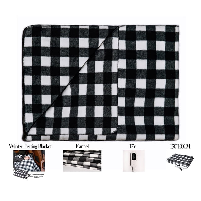 Electric Car Blanket 12 Volt Heated Grid Pattern with Auto-Off Timer Heat Resistance Carpet Safety Heating Rug for Cold Weather Black