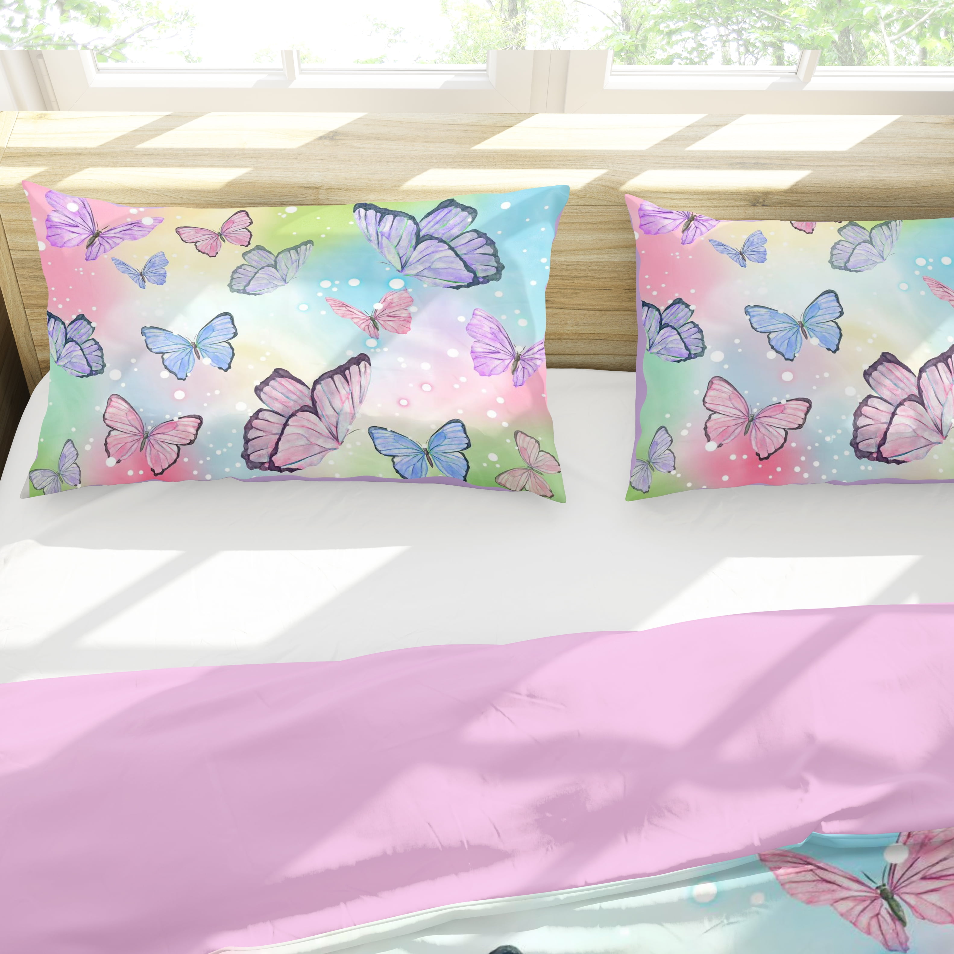 Psoiuetr Butterfly Comforter Set Rainbow Watercolor Printed Pattern Quilt Bedding Set for Girls Kids Teens Bedroom All Season Twin 3 Pieces