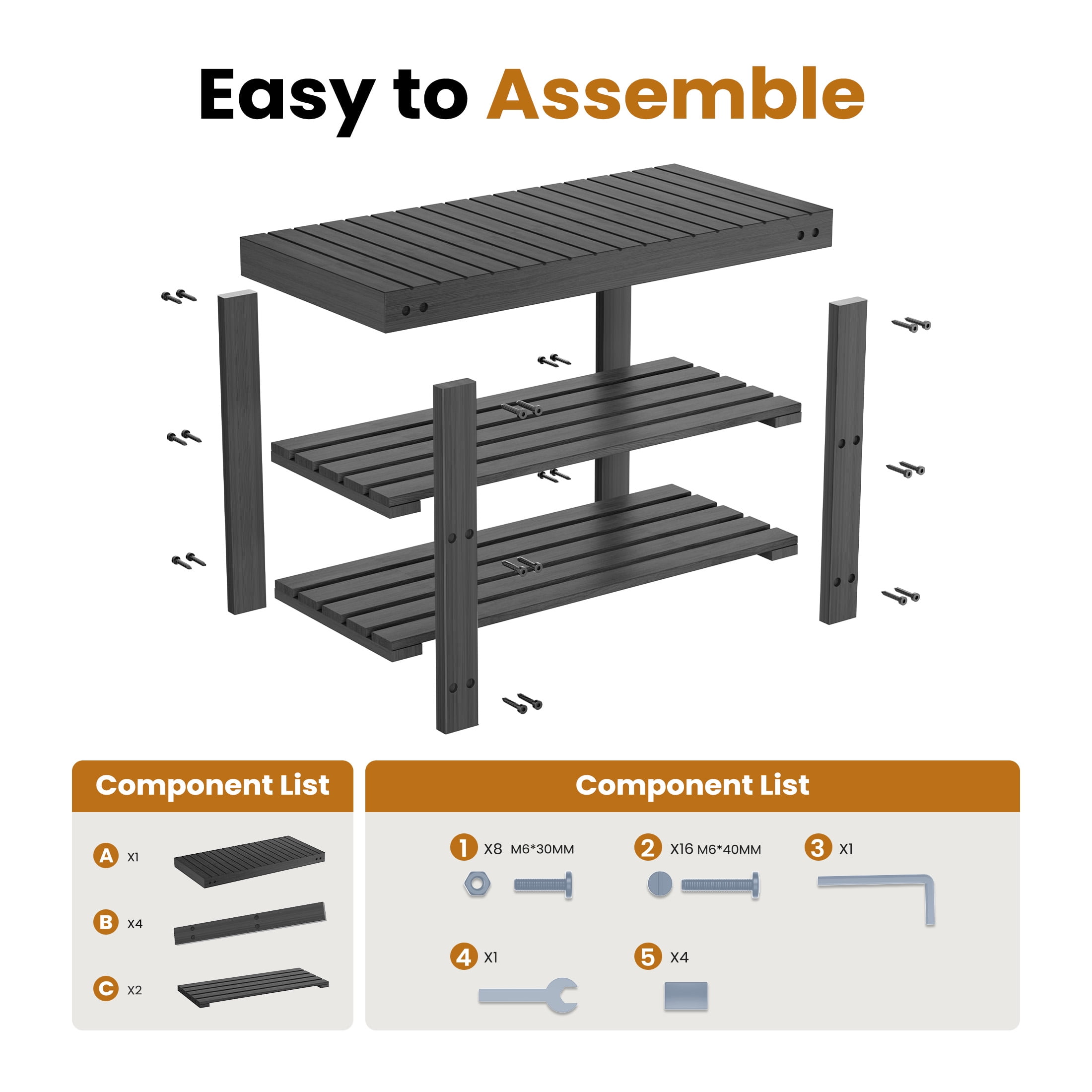 EDX 3 Tier Bamboo Shoe Rack Bench, 11.3'' x 27.6'' x 18'' Storage Seat Organizer with 286lb Capacity for Entryway,  Bedroom and Living Room,  Black