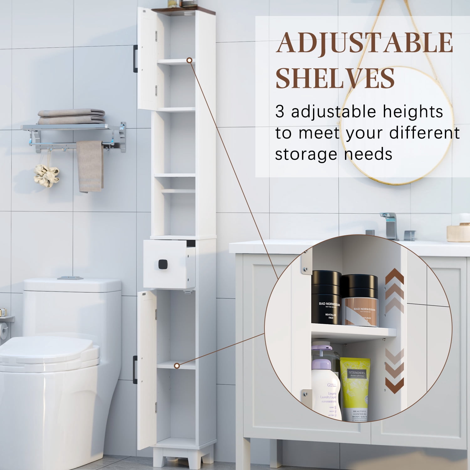 Erinnyees Narrow Bathroom Storage Cabinet, Skinny Freestanding Floor Cabinet, with Adjustable Shelves & Towel Bar, for Small Space, Living Room, Laundry Room, White