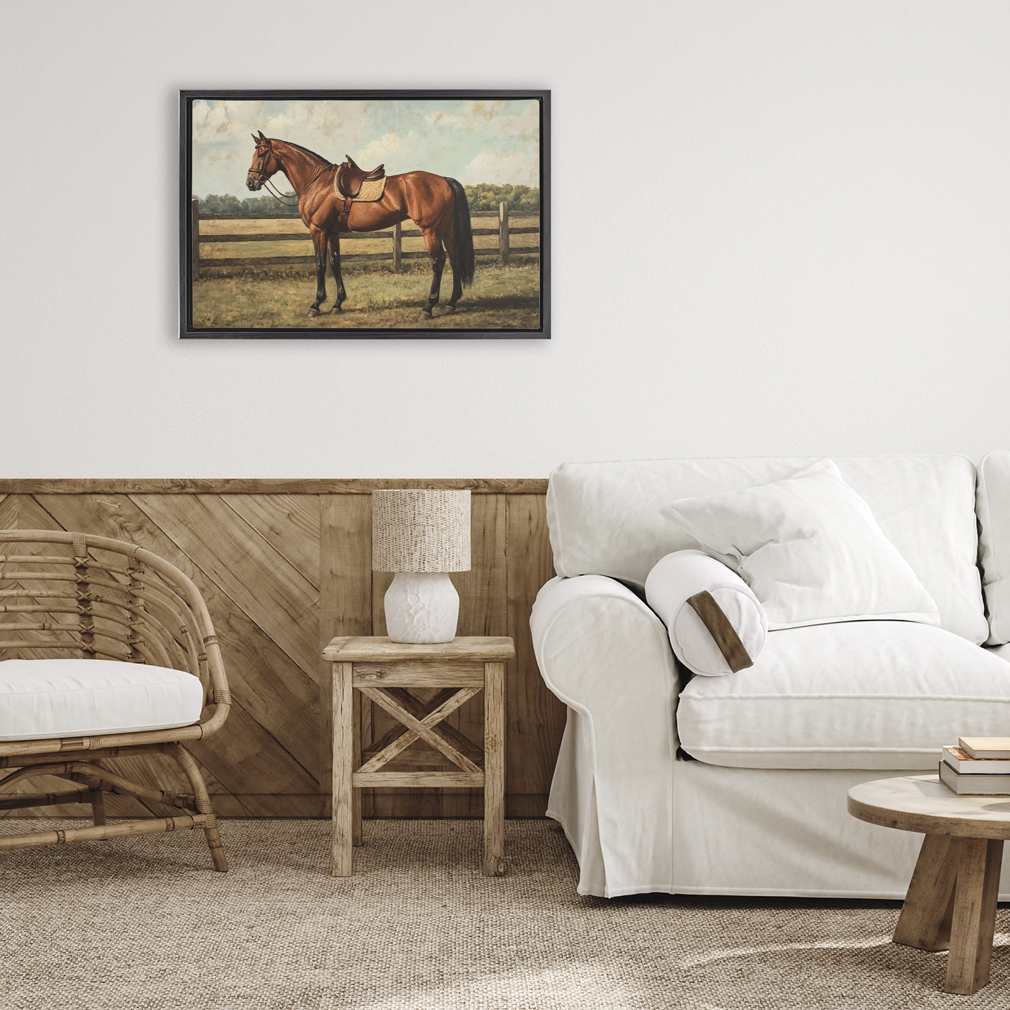 Stupell Industries Chocolate Stag Saddled in Pasture Black Framed Floater Canvas Wall Art, design by Petal Prints Design