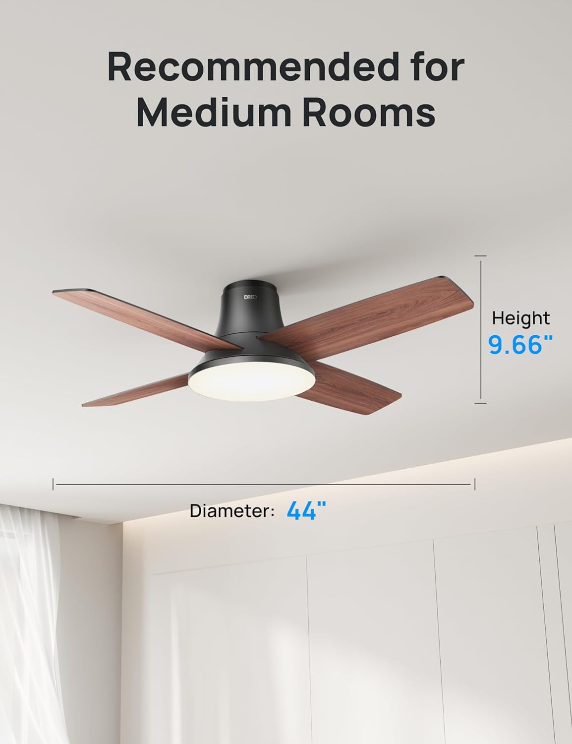 Dreo Ceiling Fans with Lights and Remote, 44'' Low Profile Ceiling Fan for Indoor Bedroom, 6-Level Dimmable Lighting & 5-Color Tone, 6 Speeds, Reversible DC Motor, Easy Installation, Black