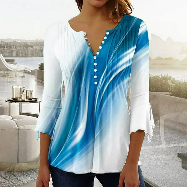 Womens Tops Ladies Top Floral Print V-Neck Short Sleeve Button T-Shirt Blue L