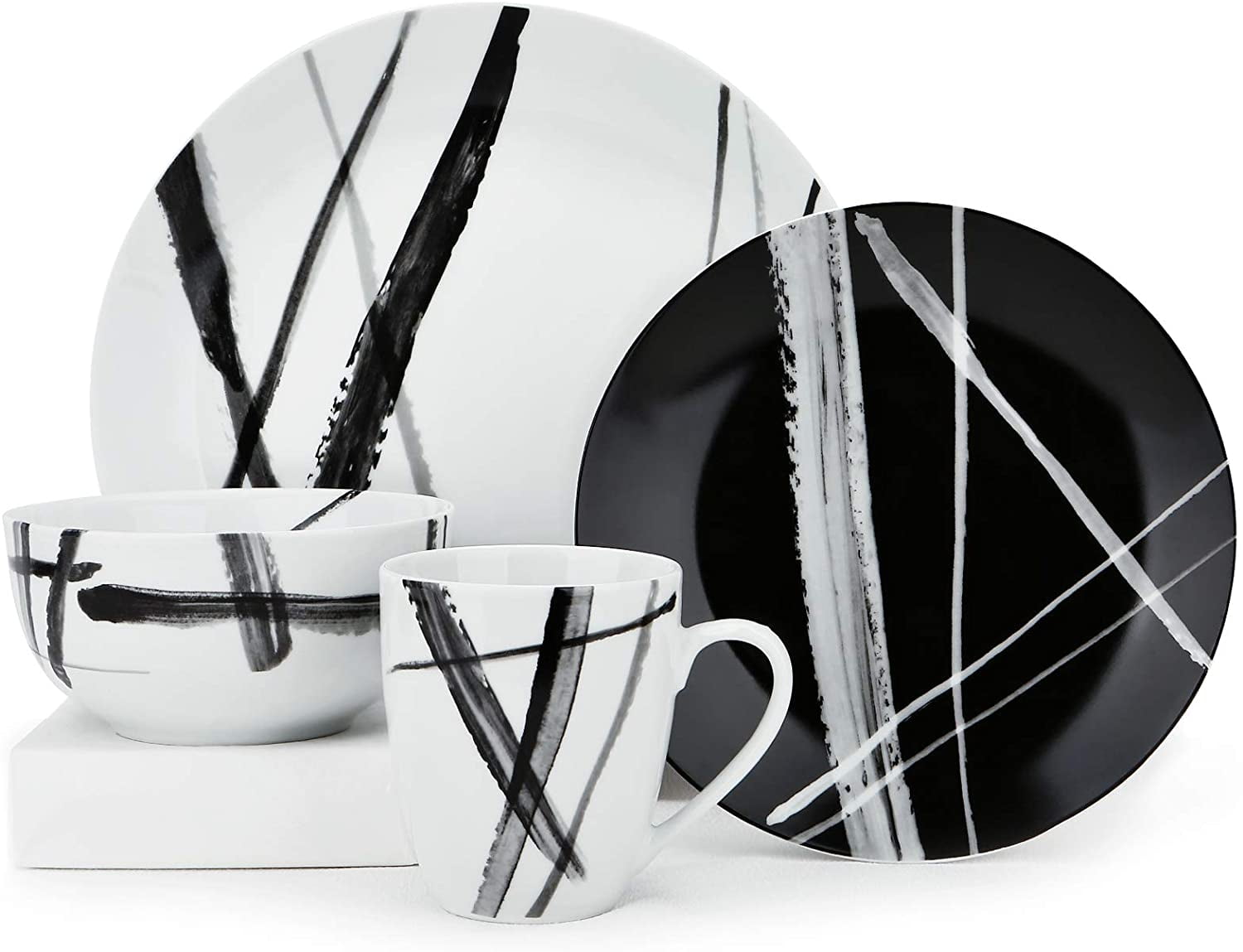 16 Piece Round Dinnerware Sets, Black and White Metro Stoneware Dish