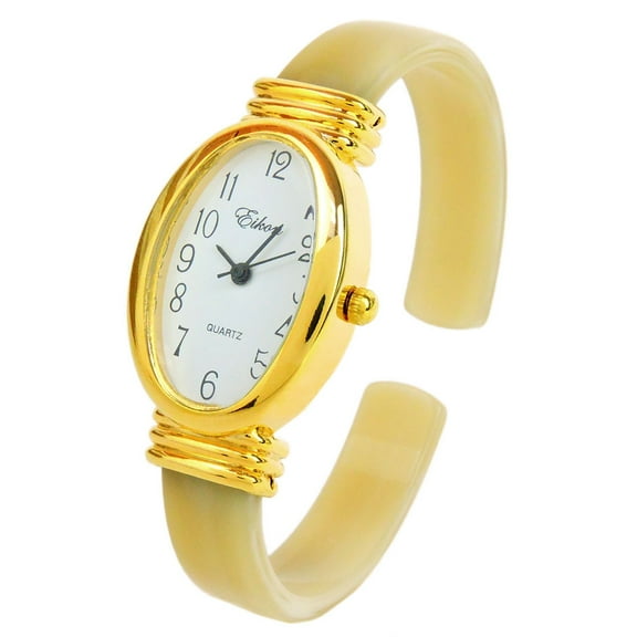 Horn Ivory Acrylic Band Gold Oval Case Women's Bangle Cuff Watch for Women