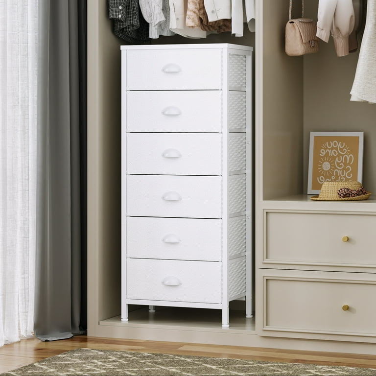 Tydimor 6 Drawer Dresser,Chest of Drawers for Bedroom Tall Fabric  Dresser,White