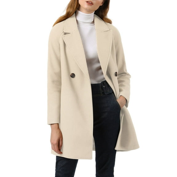 Allegra K Women's Double Breasted Lapel Raglan Long Sleeve Mid Length Overcoat XL Cream White