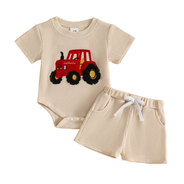 WUANDIXFA Newborn Boy Clothes Summer Cute Waffle Outfit Short Sleeve Shirt and Shorts Casual Baby Boys Shorts Set Newborn Boy Outfit,Beige,6-12 Months