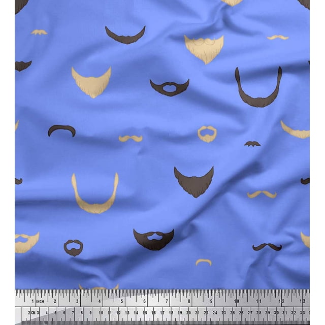 Soimoi Blue Moss Georgette Fabric Mustache Face Print Fabric by The Yard 44 Inch Wide