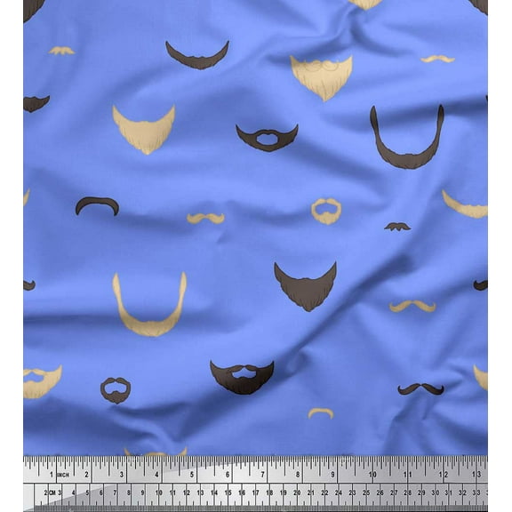 Soimoi Blue Cotton Duck Fabric Mustache Face Print Fabric by The Yard 44 Inch Wide