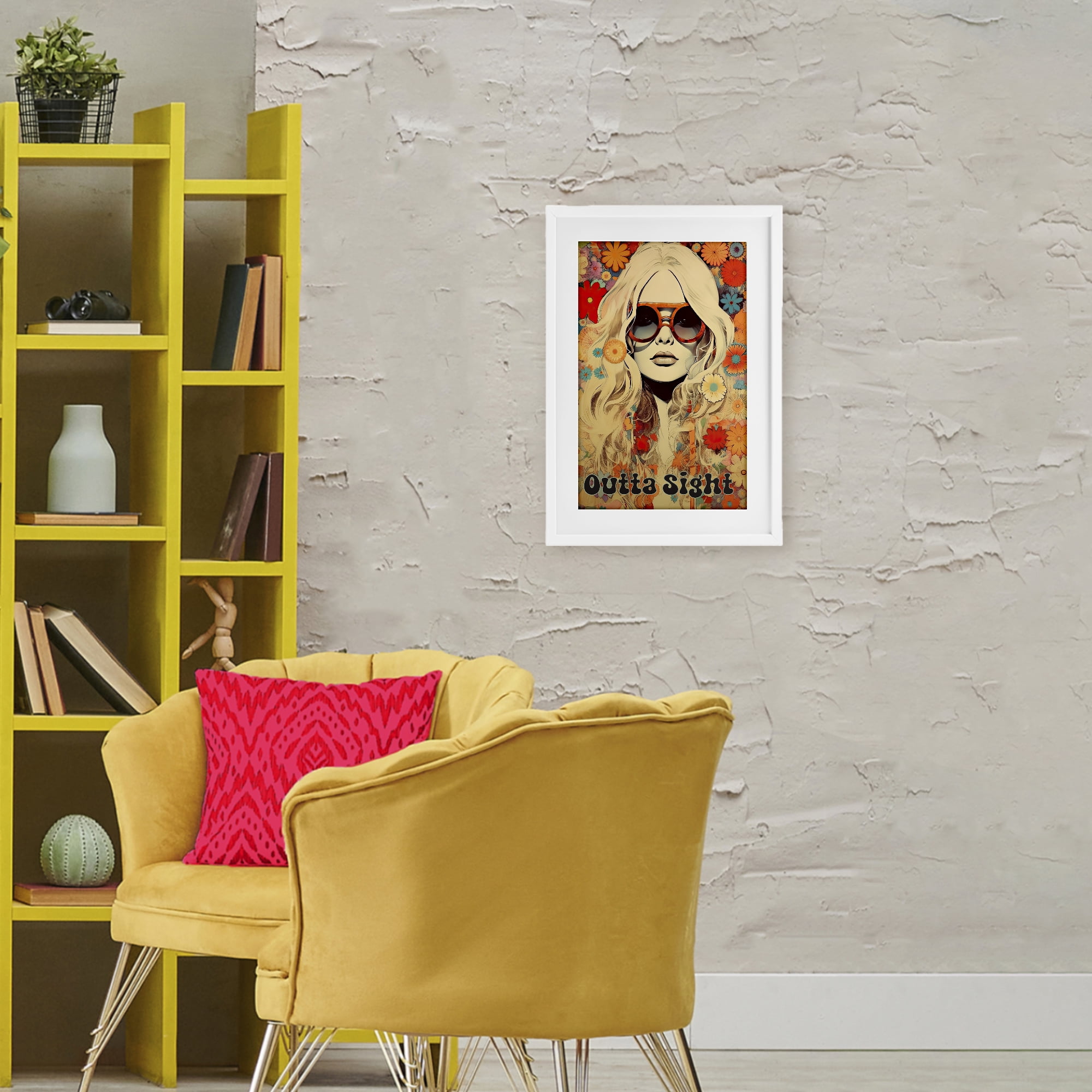 Outta Sight Hippie Girl White Framed Print Under Glass, design by Sasha