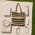 thumbnail image 5 of Homellea Striped Woven Tote Bag for Women, 15.4 Inch Summer Straw Look Shoulder Bag with Brown Handles for Beach, Vacation, Travel, Shopping, Pool, Work, Resort and Casual Daily Outfits, 5 of 6