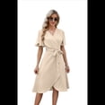 thumbnail image 3 of Vestido Cruzado para Mujer, Cuello en V, Corta, Lazo en la Cintura, Volantes, Abertura, Vestido Informal Midi, Color Albaricoque S, 3 of 9