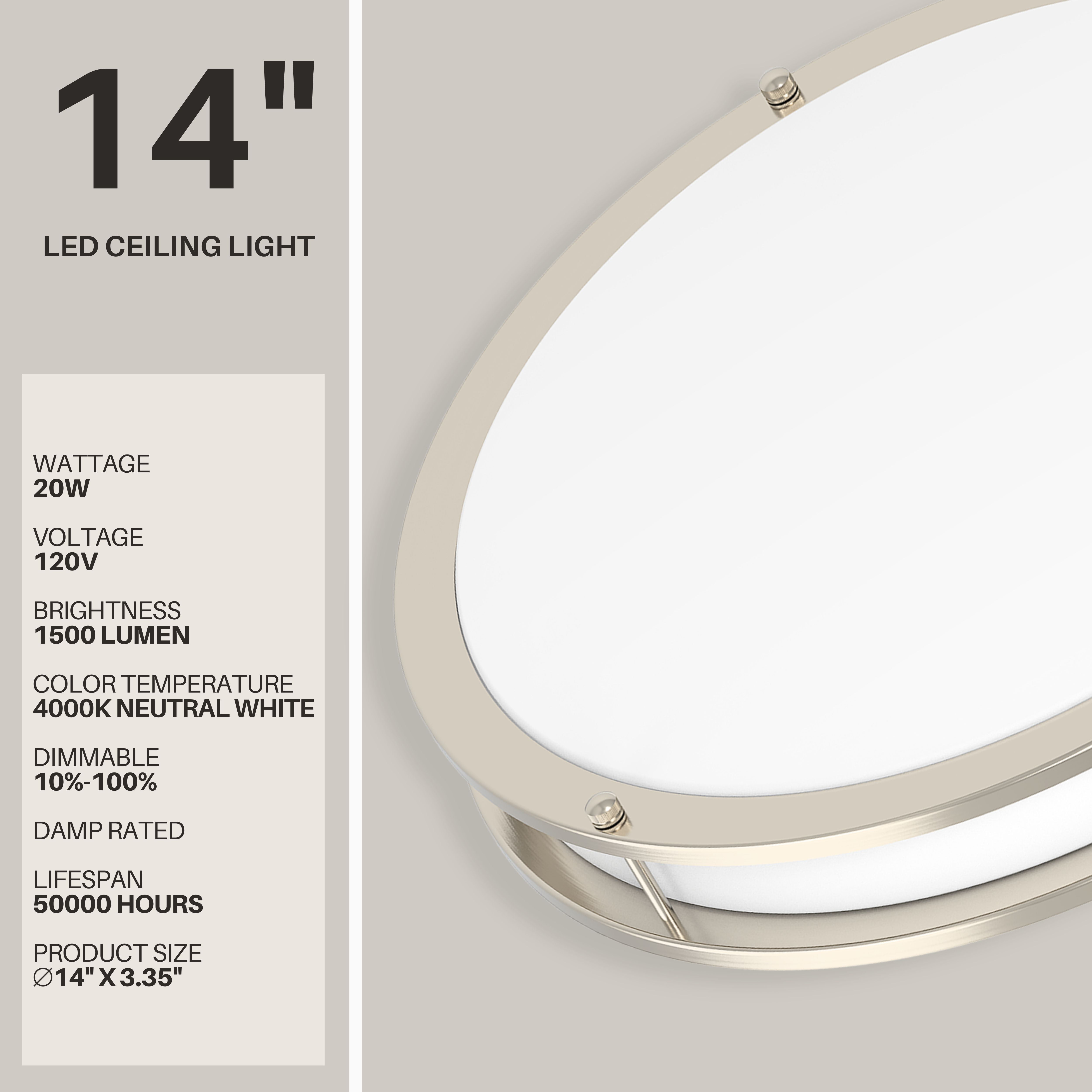 DYMOND 14" LED Ceiling Light Flush Mount Dimmable Brushed Nickel Double Ring Bedroom