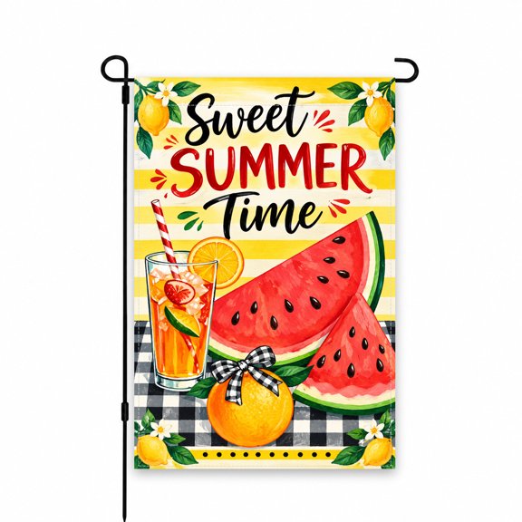 Sweet Summer Time Garden Flag 12x18 Inch - Colorful Watermelon, Lemon, Citrus, and Iced Drink Design - Perfect for Yard, Lawn, Patio, Porch Decor