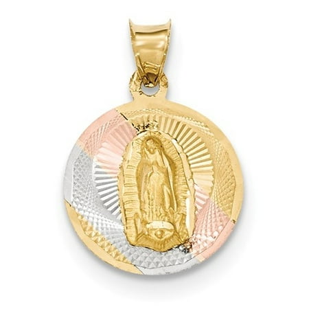 14k Yellow Gold & Rhodium Polished & Diamond Cut Lady of Guadalupe Circle Pendant