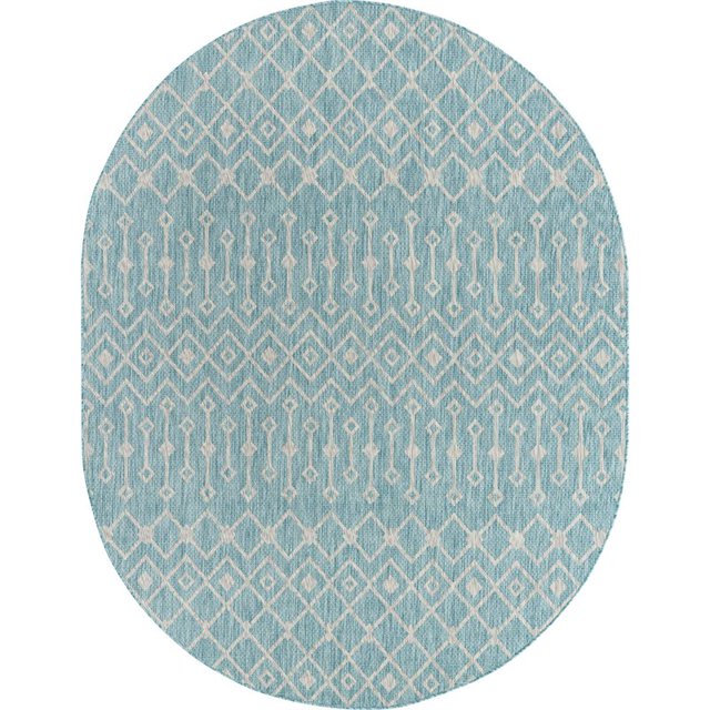 Unique Loom Outdoor Trellis Geometric Rug 7' 10 x 10' Oval Aqua Blue/Ivory