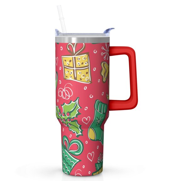 40 oz Christmas Ornaments and Snowflakes Tumbler with Handle and Straw, Stainless Steel Cup 40 oz, Leak Proof Holiday Mug, Festive Gift
