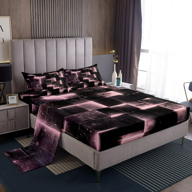 Pink Black Bed Set 3D Glowing Buffalo Bed Sheets Set Modern Abstract Art Sheet Set Queen Geometric Plaid Queen Sheets, Gradient Futuristic Cubes Top Sheet