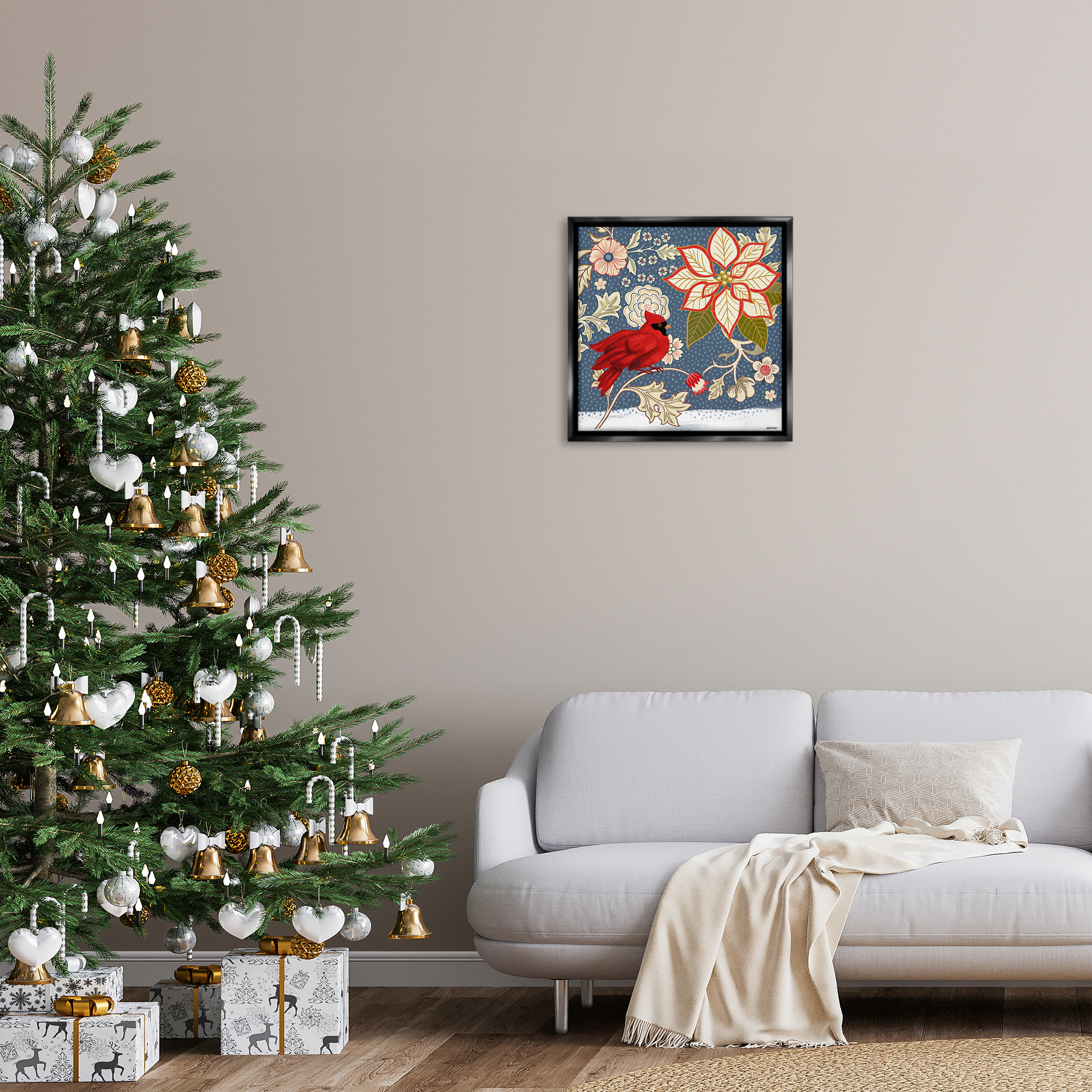Stupell Industries Winter Cardinal with Flowers Animals & Insects Painting Black Floater Framed Canvas Art Print Wall Art, 25 x 25