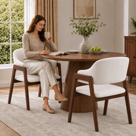Villeton Upholstered Dining Chairs Set of 2, Chenille Curved Back Kitchen Chairs, Solid Dark Wood Frame Arm Dining Side Chairs for Dining Room,Beige