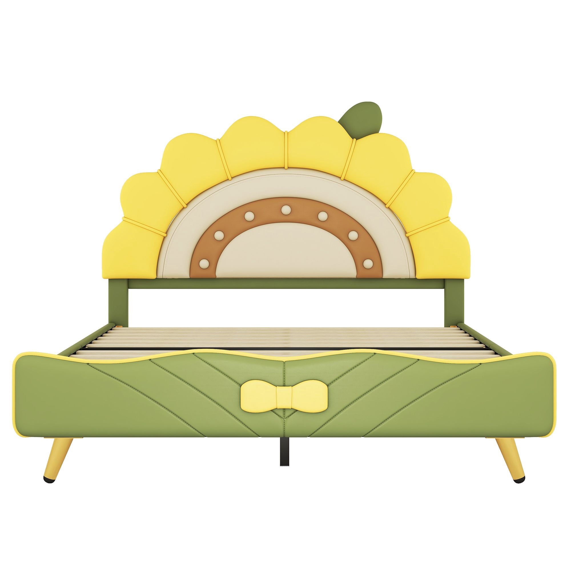 Aukfa Full Upholstered Bed Frame, Cartoon Bed with Sunflower Shape Headboard for Kids, Green