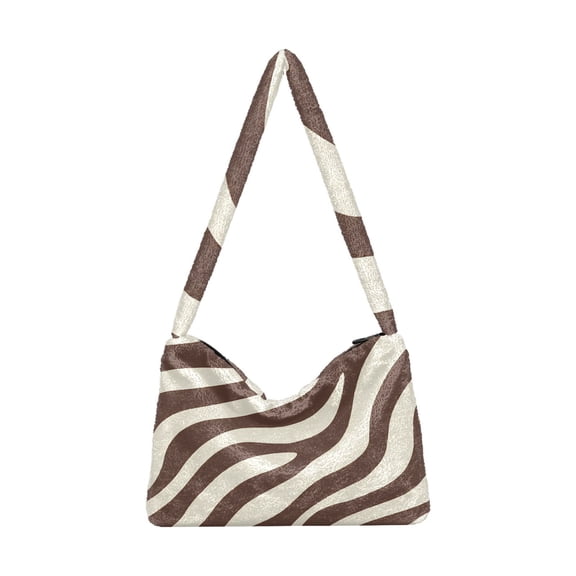 DIXRUYEE Dark Brown Zebra Pattern Print Plush Shoulder Bag Soft Faux Fluffy Hobo Tote Bag With Zipper Closure Casual Lightweight Crossbody Handbag