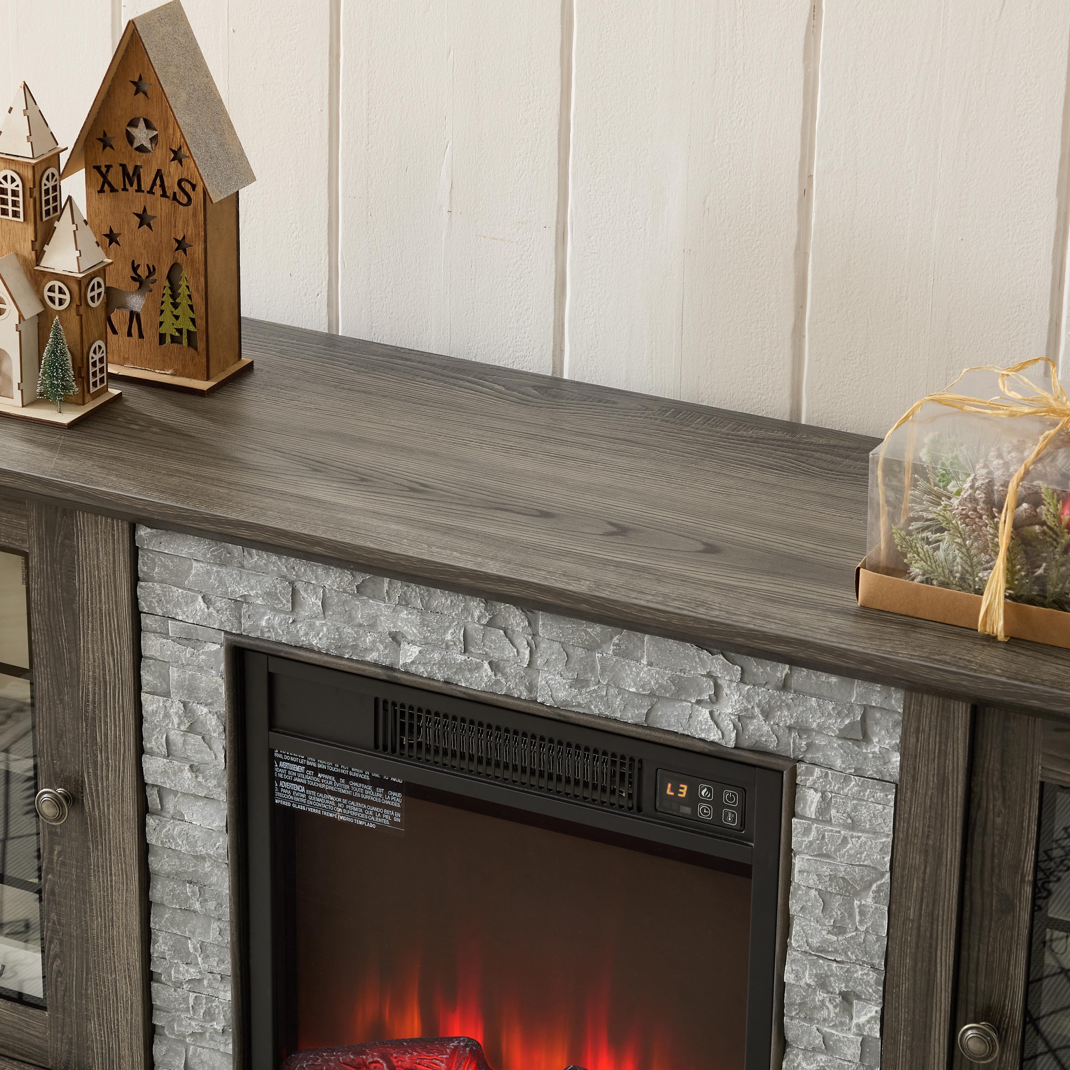 Fireplace TV Stand for TVs up to 65", Paproos Farmhouse TV Stand with 18" Electric Fireplace, Entertainment Center Televison Console Table with Realistic Stacked Stone & Adjustable Shelves, Grey