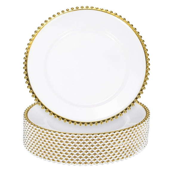 Uxcell 12pcs Clear Charger Plates Bulk, 13" Plastic Round Charger Plates with Bead Trim Dinner Dessert Plate for Wedding Party Event Table Setting Decoration, Gold On White