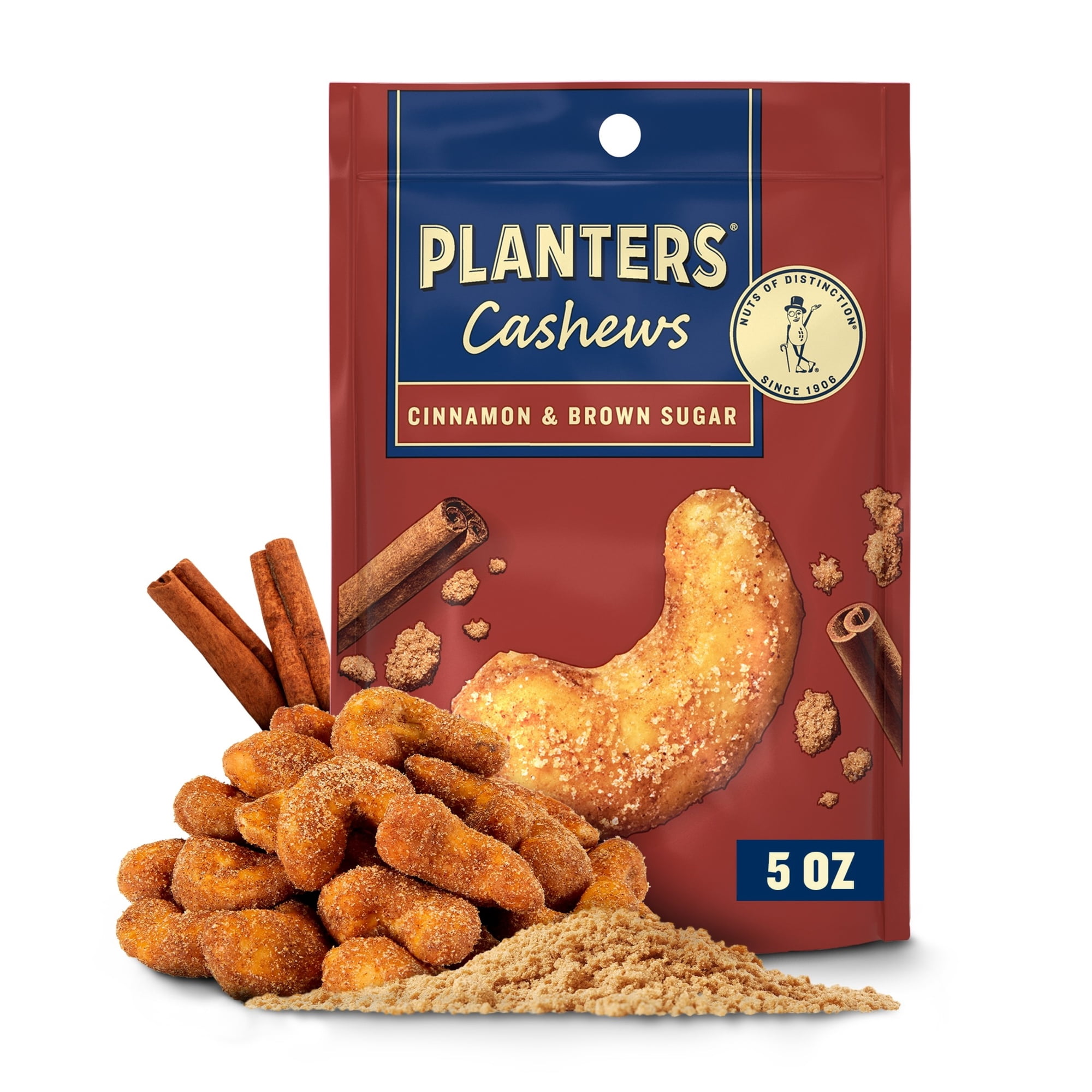Planters Cinnamon & Brown Sugar Whole Flavored Cashews, Plant Based Protein Snacks for Adults, On-The-Go Snacks, Gluten Free, 5 oz Resealable Package
