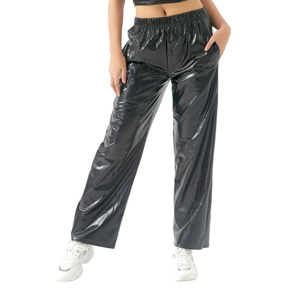 Gupgi Women Metallic Pants Streetwear Elastic Waist Solid Color Loose Trousers with Pockets