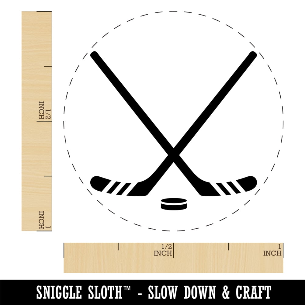 Crossed Hockey Sticks with Puck Self-Inking Rubber Stamp Ink Stamper - Brown Ink - Medium 1 Inch