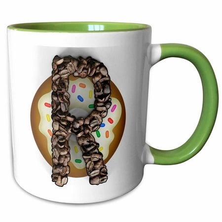3drose, Coffee Beans and Donut Monogram Initial R, 11oz Two-tone Green Mug