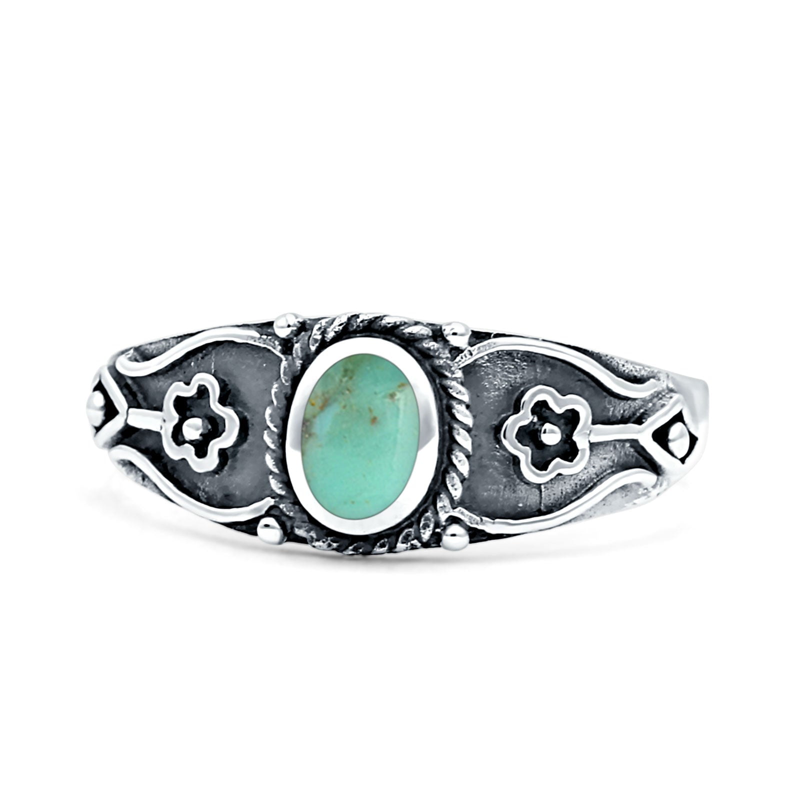 Vintage Style Flower Design Oval Fashion Turquoise Ring Band 925 Sterling  Silver Size 7