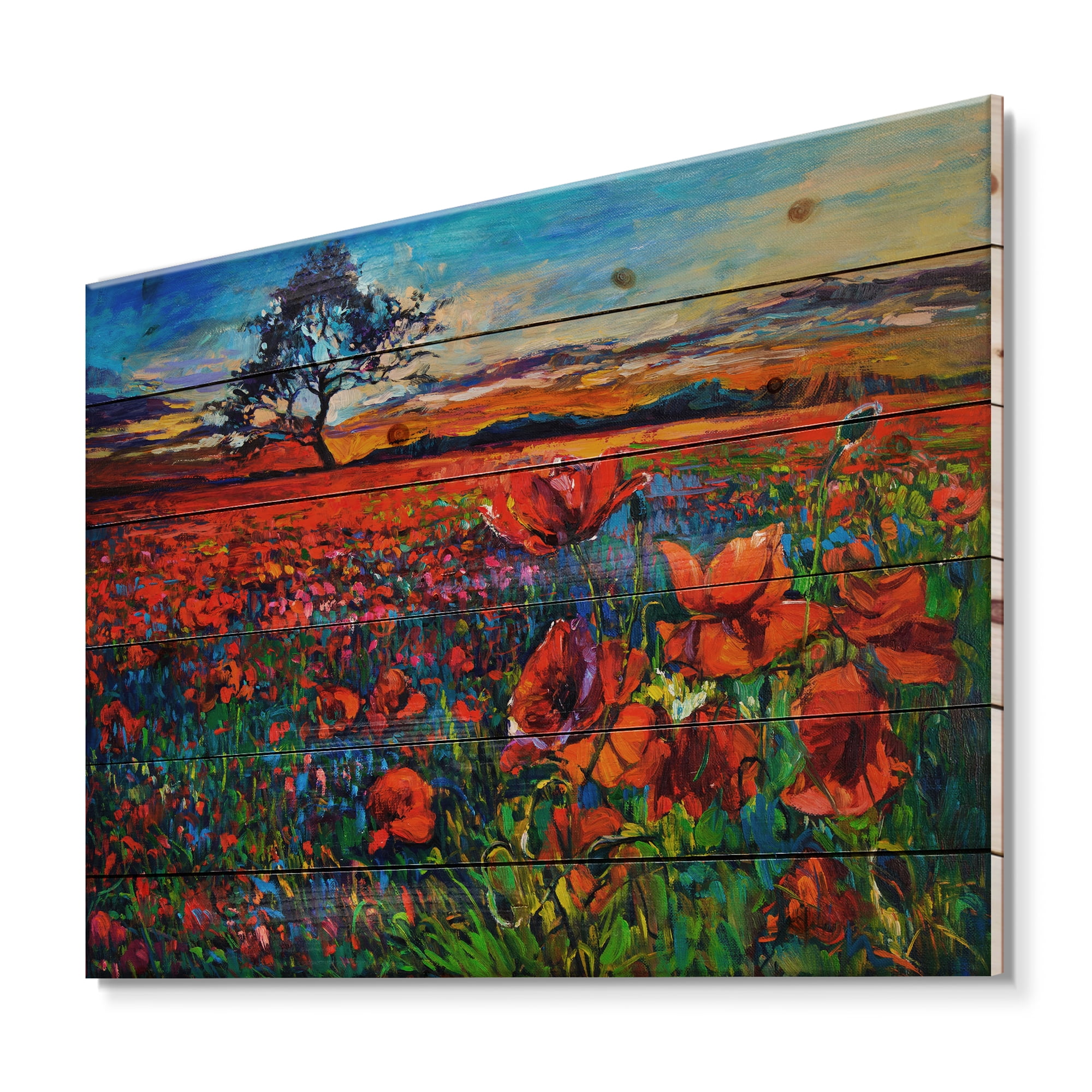 Designart 'Blossoming Red Poppy Fields With Distant Tree' Traditional Print on Natural Pine Wood
