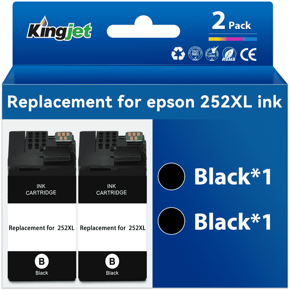 Kingjet Black Ink Replacement for Epson 252XL Black Ink Cartridges for Epson Workforce WF-7110 WF-7710 WF-7720 WF-3620 WF-3640 Printer (2 Black)