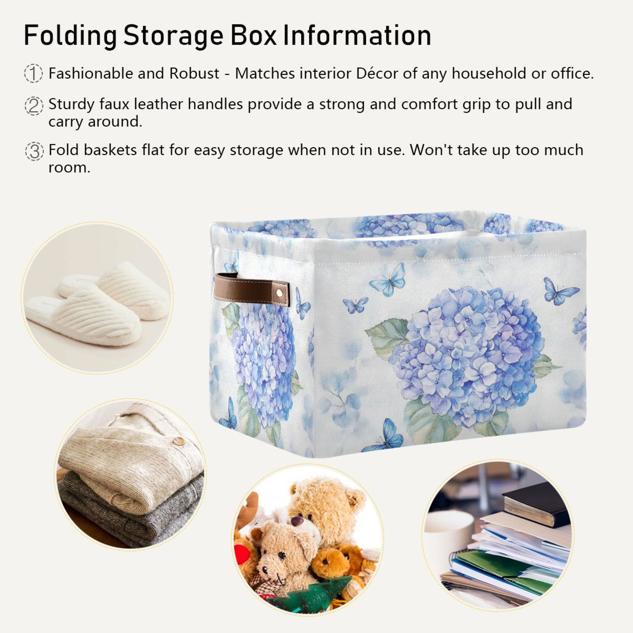 Blue Hydrangea Pattern Foldable Storage Basket,Canvas Fabric Foldable Storage Bins with Handles Open Home Storage Bins Boxes for Toy Book Shelf Closet Baskets