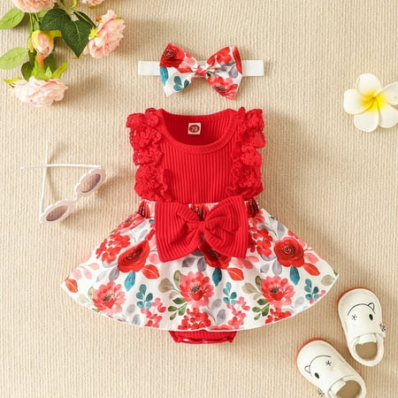 

NIUREDLTD Girls Sleeveless Floral Prints Ribbed Romper Bodysuits Dress Headbands Set